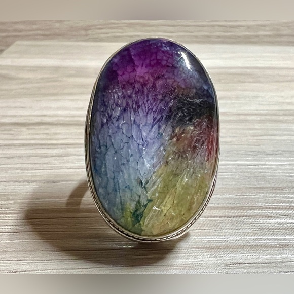 Handmade Sterling Silver Natural Rainbow Solar Quartz Cocktail Ring, Size 7.5 - Picture 2 of 9